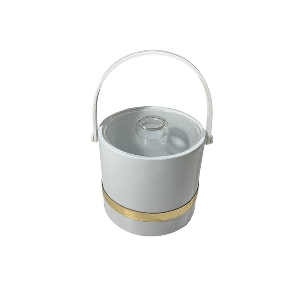 Vtg Drulane Towle Co Made in USA White & Gold Lidded Ice Bucket with Handle VGC